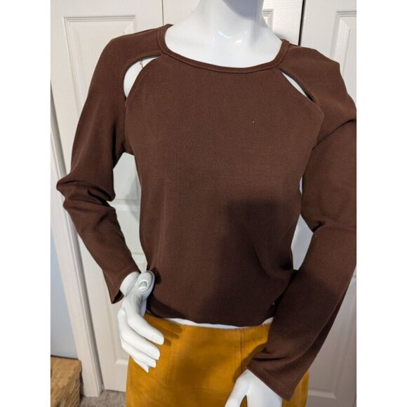 ANTHROPOLOGIE XL long sleeve brown cotton, stretchy ribbed shirt with cutouts - Picture 4 of 4